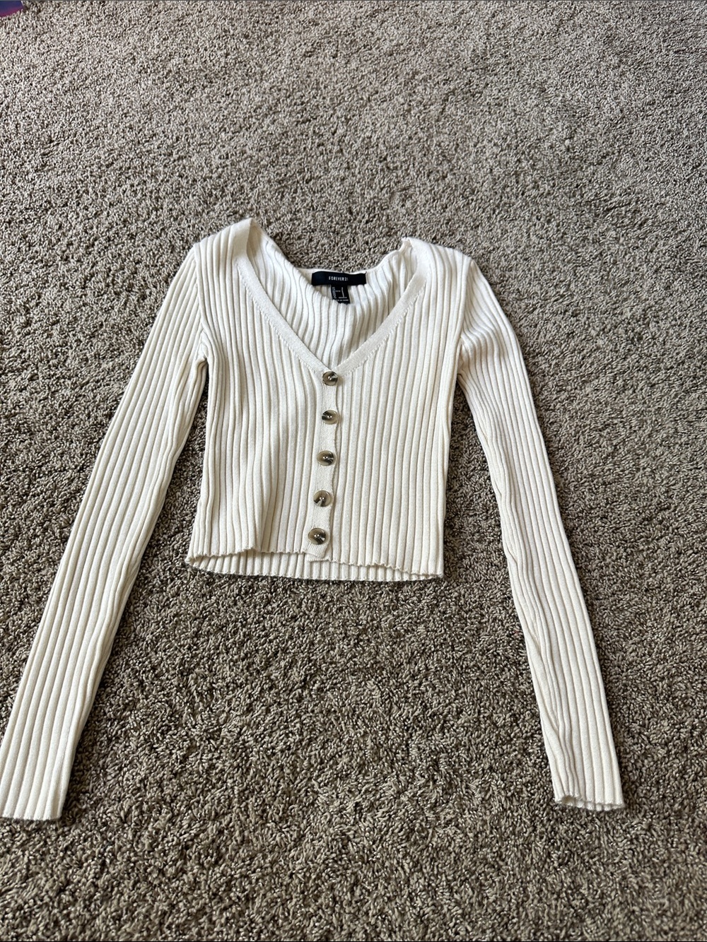 Forever 21 Cream Ribbed V-Neck Button Cropped Cardigan